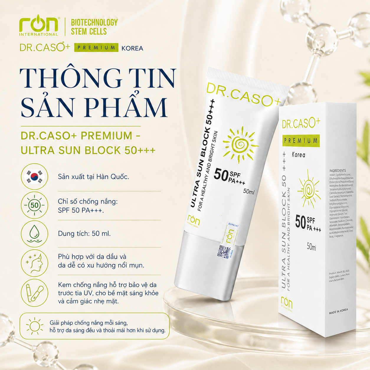 Dr.Caso+ Premium Ultra sun block SPF 50+ PA+++50ml/Kem chống nắng SPF 50+ Pa+++